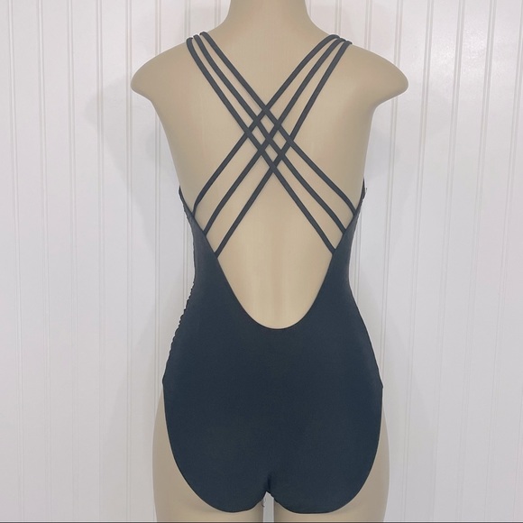 Athena Black Plunge Shirred Low Back Strappy One Piece Swimsuit Size 6 - Picture 7 of 15